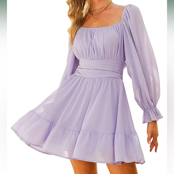 Exlura Tie Back Long Lantern Sleeves Square Neck Ruffle Elastic Waist Mini Dress - Picture 3 of 6